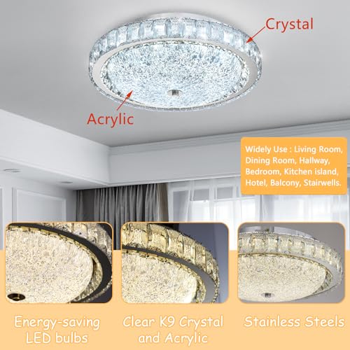 15.7" Modern Crystal Chandelier Dimmable LED Flush Mount Ceiling Light with Remote Control for Living Room Dining Room Bedroom Hallway Foyer Silver
