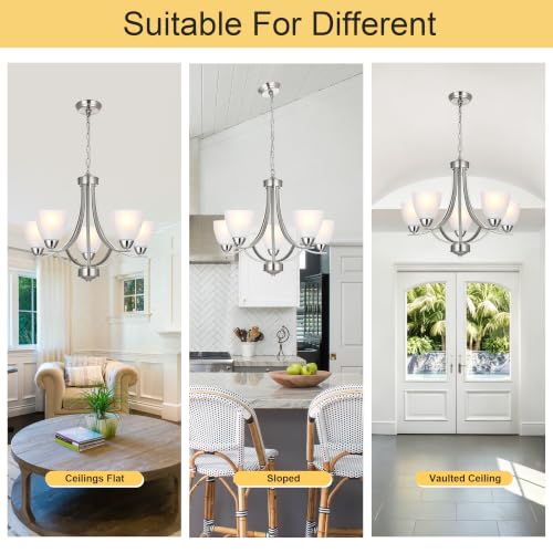 5 Light Contemporary Chandeliers Brushed Nickel Modern Light Fixtures Ceiling Hanging Industrial Pendant Lighting for Foyer Bedroom Dining Room Bathroom