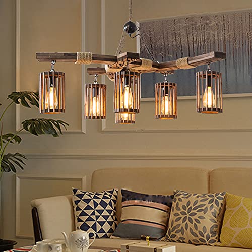 6 Lights Industrial Vintage Hanging Pendant Light Wooden Chandelier Ceiling Light Retro Wooden Light Suspension Lighting Fixture Retro Loft Lantern Chandelier Lights Handmade Lighting Products