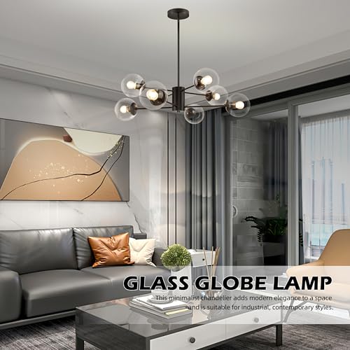 8 Light Globe Sputnik Chandelier Mid Century Sputnik Chandeliers Modern Black Chandelier with Clear Globe Pendant Light Clear Glass Adjustable Hanging Ceiling Light for Living Dining Room