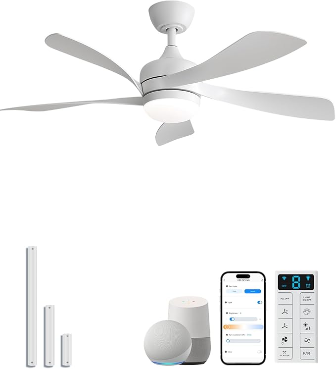 Sofucor 45" Smart Ceiling Fan, Indoor/Outdoor White Ceiling Fans with Lights and Remote, Works with Alexa/Google/App, 3-Color Light 6-Speed Timing Reversible DC Motor for Bedroom Living Room Patio