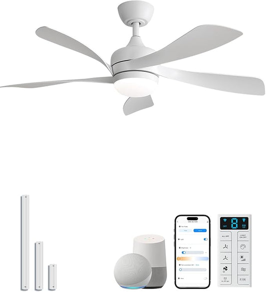 Sofucor 45" Smart Ceiling Fan, Indoor/Outdoor White Ceiling Fans with Lights and Remote, Works with Alexa/Google/App, 3-Color Light 6-Speed Timing Reversible DC Motor for Bedroom Living Room Patio