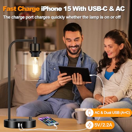 Industrial Table Lamp with USB A+C Ports and Outlet