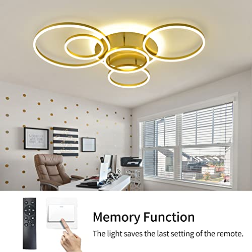 Modern LED Ceiling Light Gold Dimmable 5 Rings Flush Mount Ceiling Light Fixtures with Remote Control 106W 10000LM Ceiling Lighting for Living Room Bedroom Kitchen Dining Room 3000