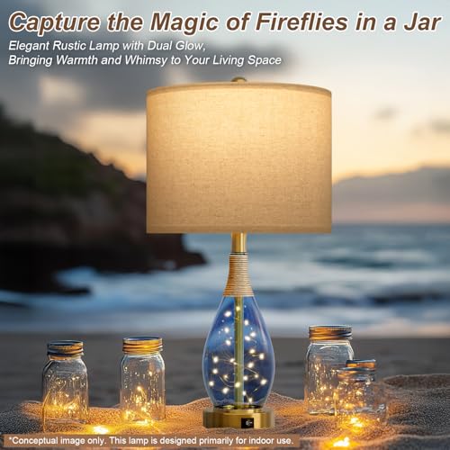 23" Table Lamps for Living Room Set of 2 Bedside Lamps for Night Stands Bedroom Lamps Farmhouse Rattan Boho Lamp Glass Nightlight End Table Lamp with USB C+A (2 Count)