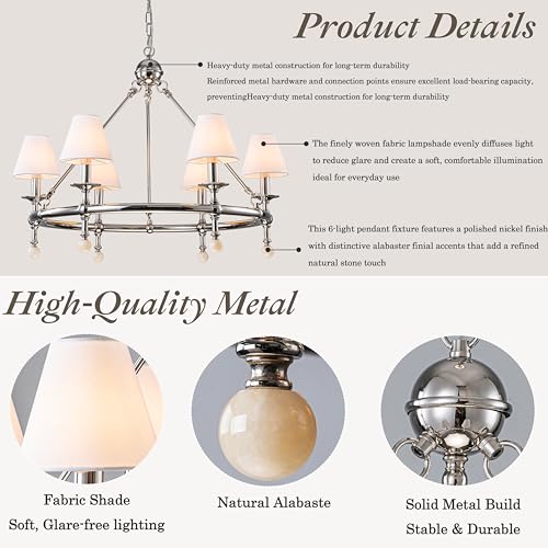 6 Light W34 Inch Polished Nickel Statement Chandelier with White Pleated Fabric Shades and Alabaster Finials Large Round Designer Lighting for Dining Room Living Room