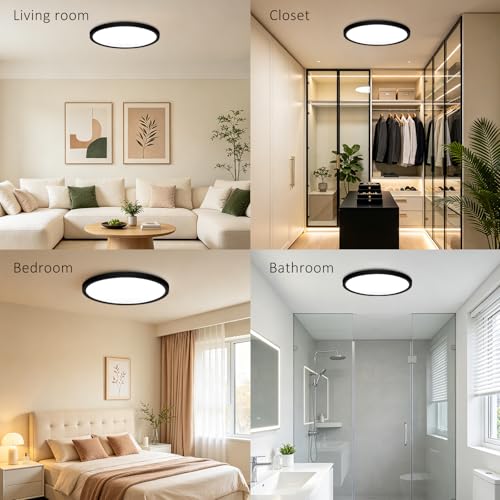 LED Flush Mount Ceiling Light 15in Thin 3CCT Black Wired