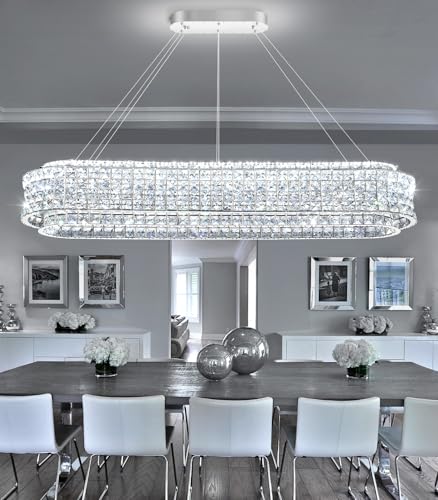 L47 x W12 Modern Chandeliers for Dining Room LED Dimmable Pendant Lighting Ceiling Chandelier Crystal Rectangle Light Fixtures Silver