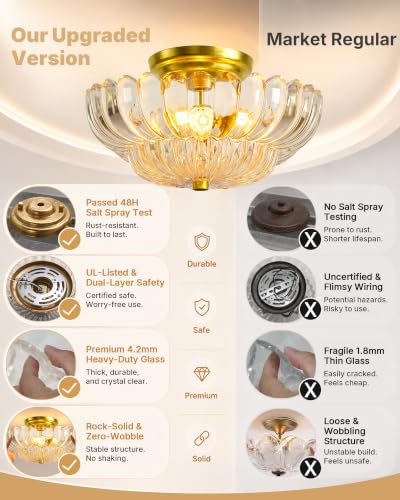 Semi Flush Mount Ceiling Light Fixture 11.8" Vinatge Gold Ceiling Lights Mid Century Modern Clear Glass Close to Ceiling Lighting Fixtures for Bedroom Hallway Foyer Bathroom Kitchen Entryway (3 Count)