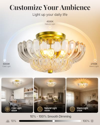 Semi Flush Mount Ceiling Light Fixture 11.8" Vinatge Gold Ceiling Lights Mid Century Modern Clear Glass Close to Ceiling Lighting Fixtures for Bedroom Hallway Foyer Bathroom Kitchen Entryway (3 Count)