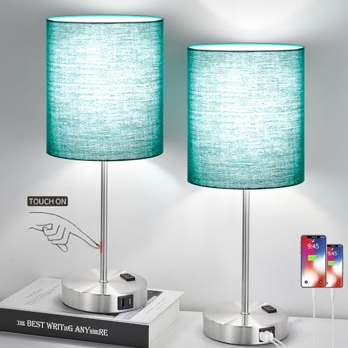 Green Touch Table Lamps Set of 2 with 2 USB & AC Outlet (2 Count)
