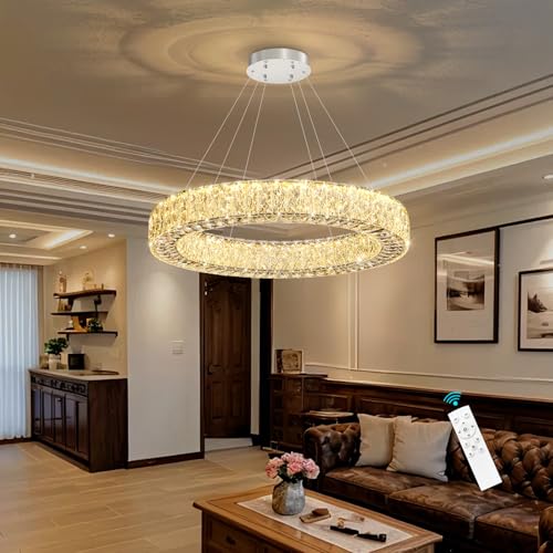 32 Inch Chandelier Glam Dimmable LED Crystal Chandeliers Luxury Round Pendant Lighting Fixtures for Dining Room Bedrooms Silver