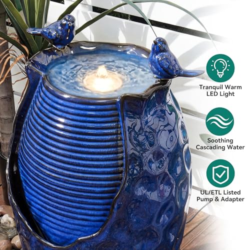 Autodaya 25" Ceramic Jar Outdoor Water Fountain with Hammered Texture