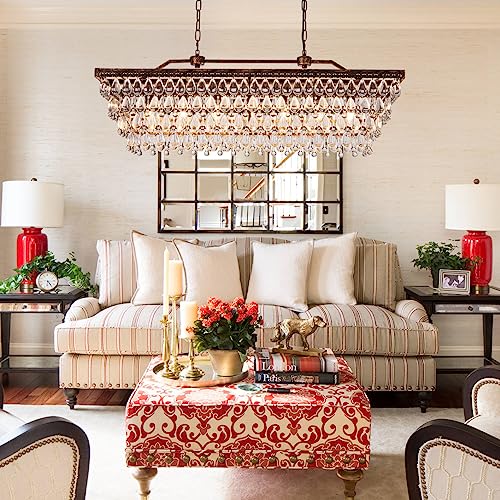 Dining Room Crystal Chandelier 40 Inch Antique Bronze Rectangle Chandeliers 7 Lights Farmhouse Hanging Ceiling Large Light Fixtures for Kitchen Island