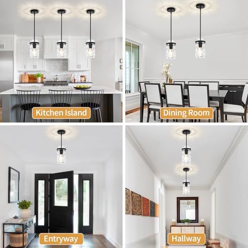 3 Pack Black Pendant Lights Kitchen Island Modern Hammered Glass (3 Count)
