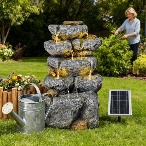 24" Tall Solar Powered Water Fountain Cascading Rock Waterfall (5 Count)