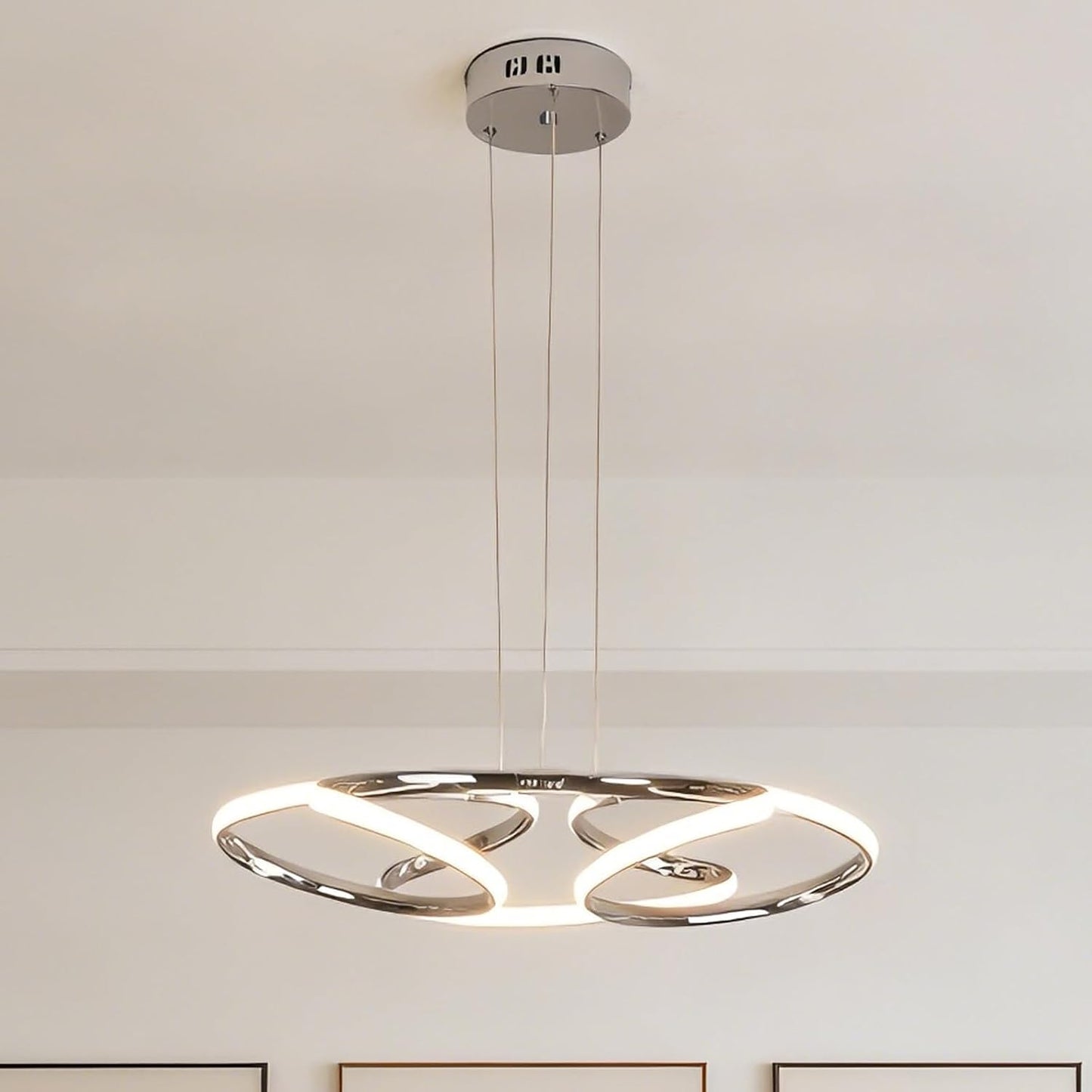 23 inch Modern Chandelier for Dining Room, Kitchen Chandelier & Entryway, Dimmable LED Pendant Light with Adjustable Height, 32W for Hallway, Living Room, Bedroom (Chrome M)