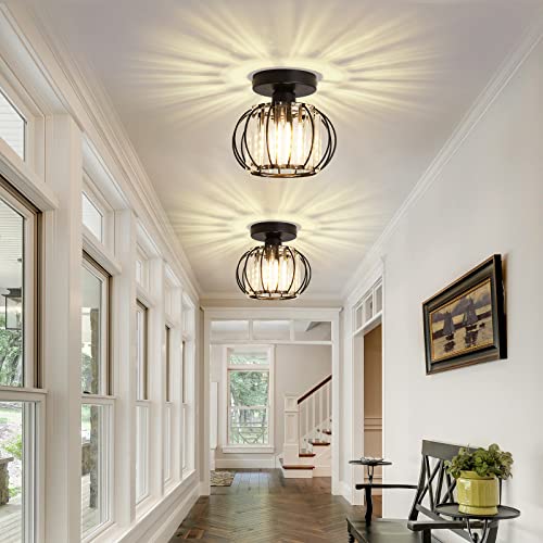 2 Pack Semi Flush Mount Ceiling Light Fixture Modern Small Crystal Chandelier Mini Indoor Ceiling Lamp for Bathroom Hallway Foyer Porch Hall Closet（Black） (2 Count)