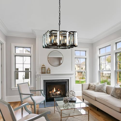 Black Modern Crystal Chandeliers Rectangle Farmhouse Pendant Light Semi Flush Mount Ceiling Light Fixture for Bedroom Dining Room Kitchen Island Living Room Foyer Hallway