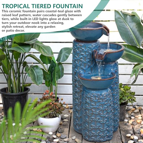 28" Ceramic Outdoor Water Fountain with LED Lights