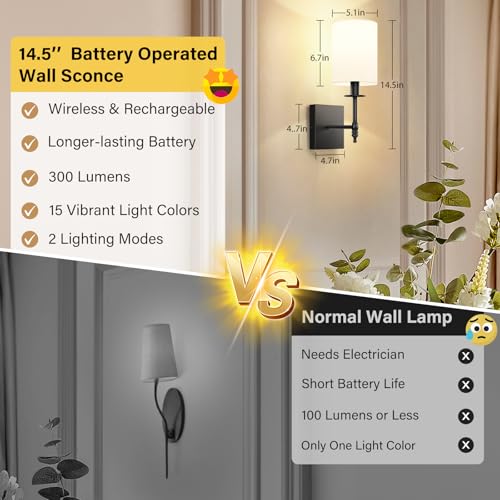 14 Inch Black Battery Operated Wall Sconces Set of 2 (2 Count)