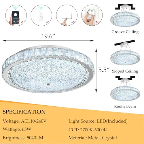 19.6" Modern Crystal Chandelier Dimmable LED Flush Mount Ceiling Light with Remote Control for Living Room Dining Room Bedroom Hallway Foyer Silver