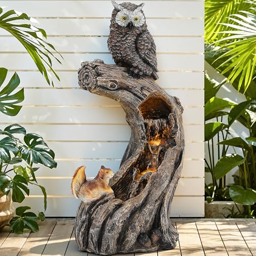 32" H Owl Tree Trunk Outdoor Fountain with Warm LED Lights