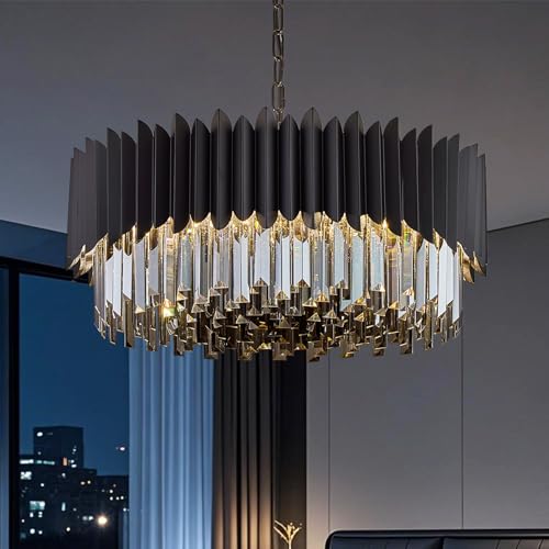 8 Light Large Crystal Chandeliers 24" Dining Room Light Fixture 5 Tiers Flush Mount Smoke Gray and Black Crystal Chandelier Round Pendant Light for Kitchen Living Room Entryway Foyer