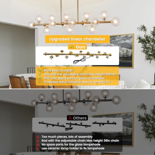 Gold Linear Rectangle Chandelier Modern Chandelier Glass Pendant Light Fixture Adjustable for Dining Living Room Kitchen Island 16