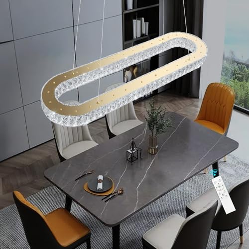Oval Crystal Gold Chandelier Modern Dimmable LED Chandeliers for Dining Room Rectangular Light Fixture with Remote for Living Room Kitchen Light