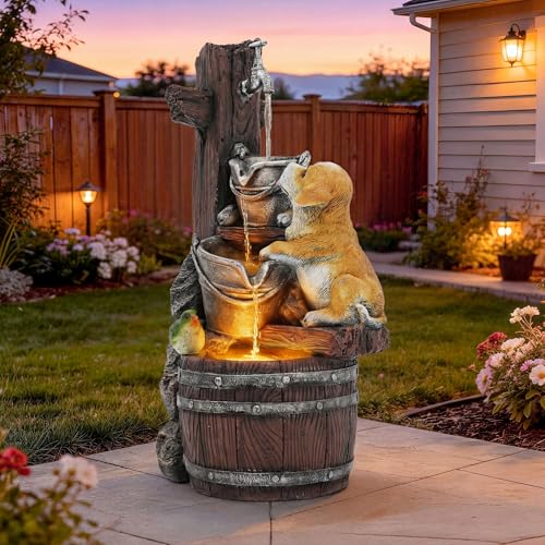 3 Tier Outdoor Fountain with Puppy & Green Bird and LED Lights