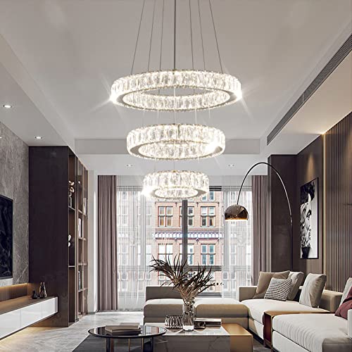 Dimmable Modern LED Chandelier 3 Ring Pendant Light Crystal Chandelier for Dining Room Living Room Bedroom