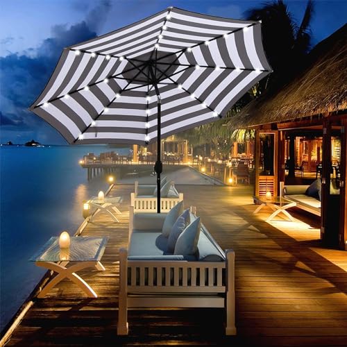 9 ft Solar Umbrella 32 LED Lighted Patio Umbrella Table Market Umbrella with Tilt and Crank Outdoor Umbrella for Garden