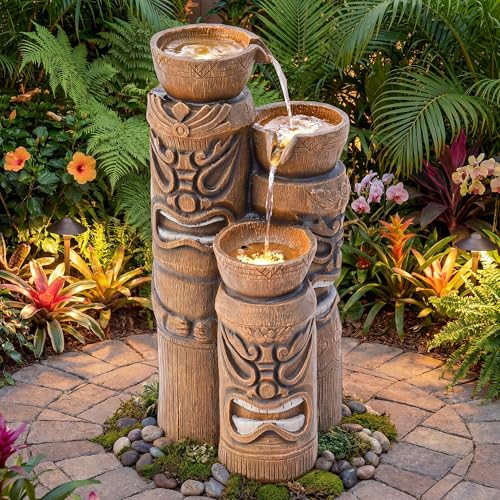 31" H Tiki Statue Outdoor Water Fountain with LED Lights