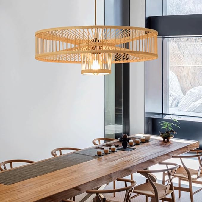 Natural Bamboo Pendant Light,19.7in Large Cylindrical Lantern Chandelier,Japanese Wabi Sabi Hanging Lamp,New Chinese Tea Room Lighting Fixture for Kitchen Island Dining Room Study Cafe