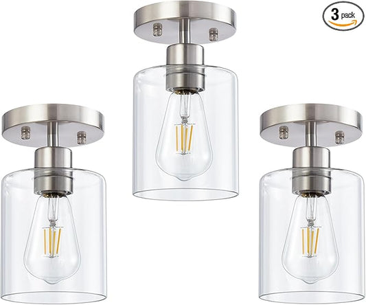 1-Light Semi Flush Mount Ceiling Lights, Brushed Nickel Kitchen Lighting Fixtures Ceiling, Modern Ceiling Light Fixtures with Clear Glass Shade for Hallway Foyer Entryway(3 Pack) - Aura Lighting
