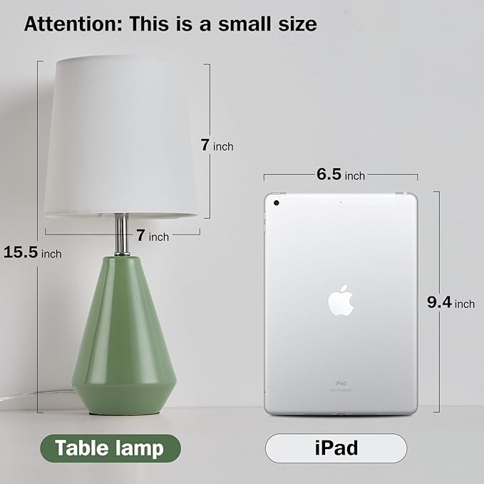 Small Bedside Table Lamp for Bedroom - Reading Desk Lamp with 3 Color Temperatures，15.5" Nightstand Ceramic Lamp with Fabric Shade for Kids Room,Living Room,Dorm,Home Office (Green+White)