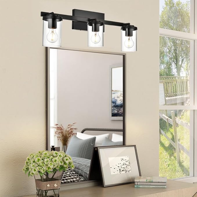 BONLICHT Industrial Vintage Indoor Wall Mount Spotlight 3 Light Modern Semi Flush Mount Ceiling Light Black Adjustable Track Lighting Kit Rustic Bathroom Vanity Light Fixture with Clear Glass Shade - Aura Lighting