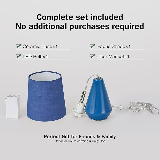 Small Bedside Table Lamp for Bedroom - Reading Desk Lamp with 3 Color Temperatures，15.5" Nightstand Ceramic Lamp with Fabric Shade for Kids Room,Living Room,Dorm,Home Office (Blue)