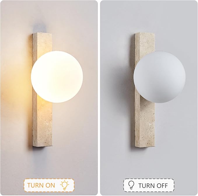 Yellow Travertine Stone Wall Sconce, Natural Marble Wall Lamp with Glass Lampshade, Japanese Style Wabi Sabi Wall Light Fixture for Bedside Bedroom Living Room Hallway Entryway