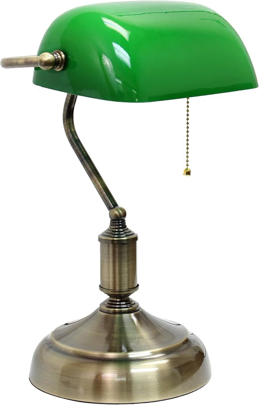 Simple Designs LT1235-GRN 15" Timeless Glow Antique Nickel Executive Banker's Table Lamp, Green Rollover Shade