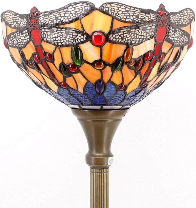 WERFACTORY Tiffany Floor Lamp Orange Blue Stained Glass Dragonfly Light 12X12X71 Inches Torchiere Standing Corner Torch Uplight Decor Bedroom Living Room Home Office S168 Series