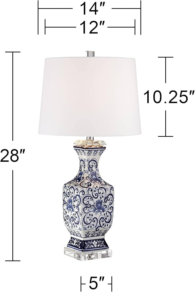Barnes and Ivy Iris Vintage Asian Chinese Style Table Lamp 28" Tall Porcelain Blue Floral Jar Geneva White Drum Shade Cottage Core Decor for Living Room Bedroom House Bedside Nightstand Home Office