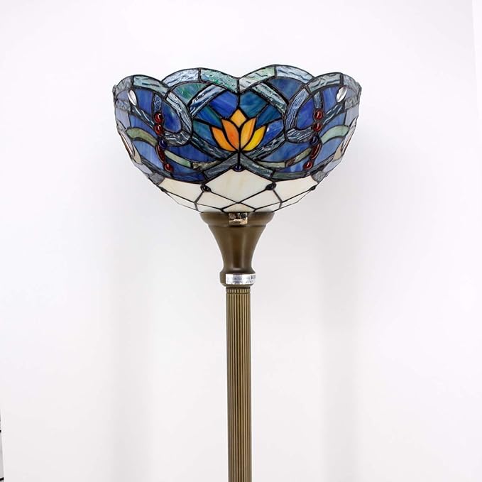 WERFACTORY Tiffany Floor Lamp Blue Lotus Flower Stained Glass Light 12X12X71 Inches Pole Torchiere Standing Corner Torch Uplight Decor Bedroom Living Room Home Office S220 Series