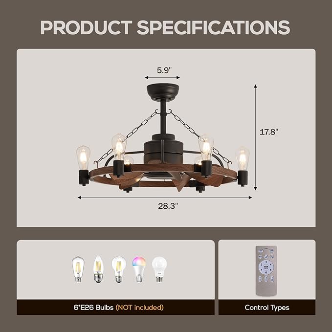 Ceiling Fan with Light, 28” Rustic Chandelier Ceiling Fan with Remote Control, Farmhouse Caged Ceiling Fan with Lights for Bedroom, Kitchen, Living Room, Dining Room - Aura Lighting