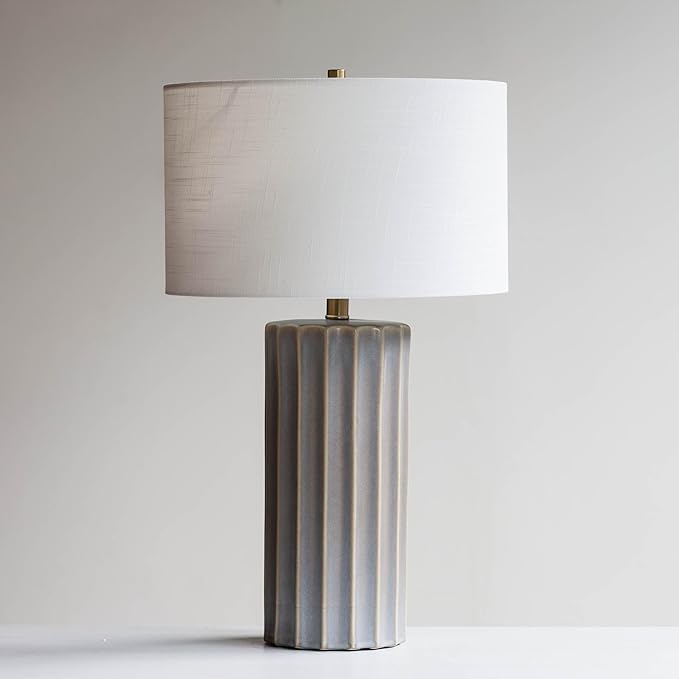Lawrence & Scott Naomi Gray Porcelain Handmade Luxury Japandi Table Lamp for Living Room Bedroom Office with Custom Textured Linen Lampshade