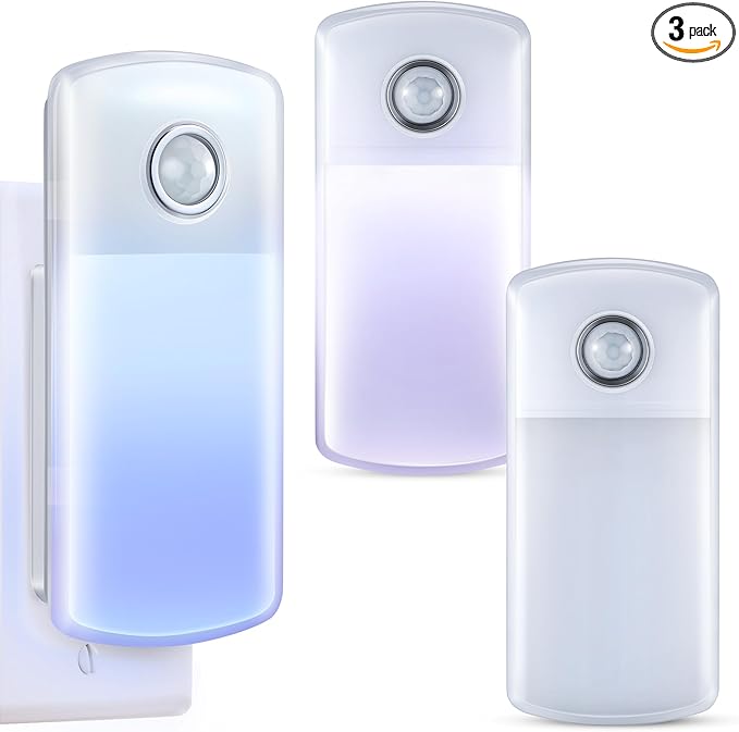 Enhon Emergency Power Failure Night Lights, 5-in-1 Multi Color LED Light, Rechargeable Flashlight with Foldable Plug, Automatic On Off Motion Sensor for Bedrooms, Hallways, Black Outs (3 Pack)