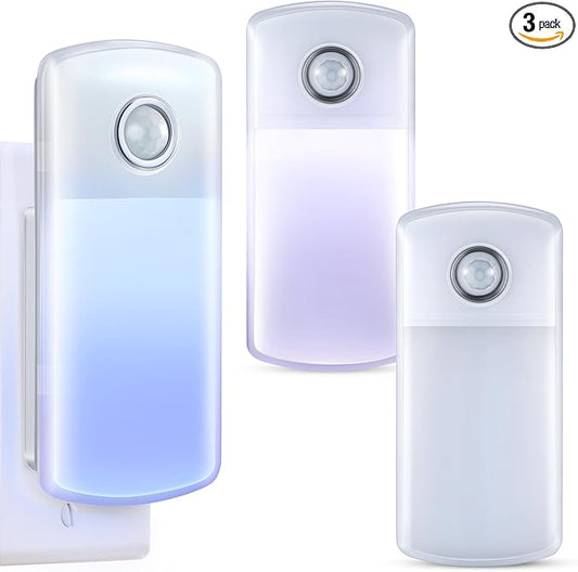 Enhon Emergency Power Failure Night Lights, 5-in-1 Multi Color LED Light, Rechargeable Flashlight with Foldable Plug, Automatic On Off Motion Sensor for Bedrooms, Hallways, Black Outs (3 Pack)