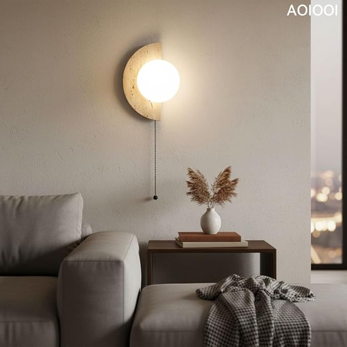 Natural Travertine Stone Wall Sconce, Half Moon LED Wall Light Fixture,Glass Globe and Pull Chain Switch Wall Lamp,Modern Minimalist Lunar Lamp for Bedroom Bedside,Living Room Accent Decor(Left)