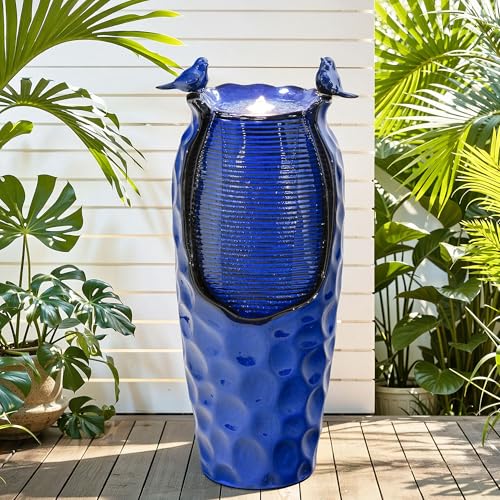 Autodaya 33" Vase Ceramic Outdoor Water Fountain with Lights and Birds